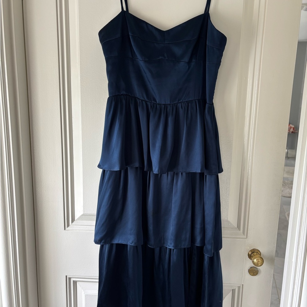 Amanda Uprichard Silk Navy Tiered Midi Dress